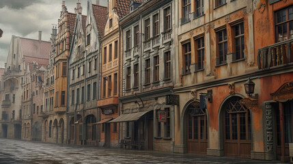 Fototapeta na wymiar European street with old colorful four-story houses 