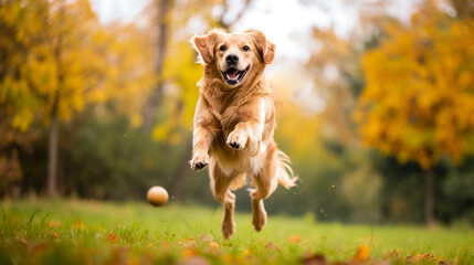 Golden retriever dog jumping happily in the air catching a ball. AI Generative - obrazy, fototapety, plakaty