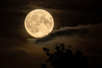 The newly risen Supermoon breaks through the clouds