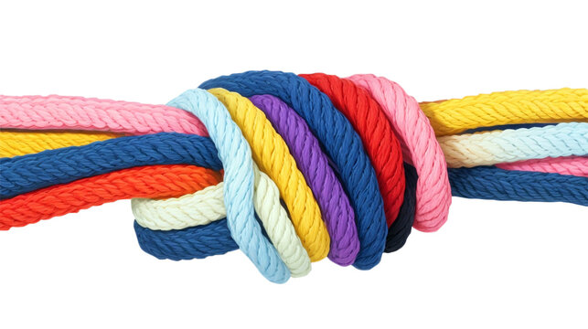 Seven colored cords knotted together isolated on transparent background