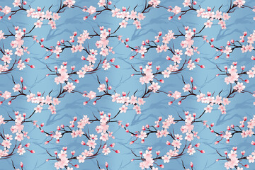 Elegant seamless pattern with pink cherry blossoms on a blue background