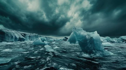 Foto op Canvas A surreal composition of floating ice sculptures in a dark and stormy sea, symbolizing the fragility © Sascha