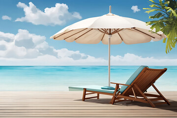 The table set, chairs and umbrella with beach and sky background design. Concept for rest, relaxation design.