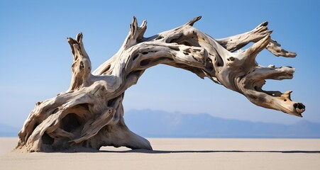 Fototapeta premium Huge driftwood example of ancient tree trunk weathered and bent by the elements on a wide open beach with blue sky