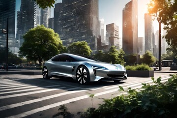  a sleek electric car charging at a modern station, surrounded by lush greenery and a bustling...