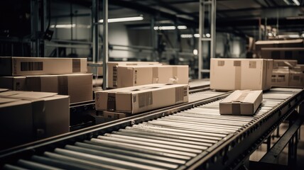 packed cardboard boxes on production line