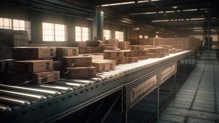 cardboard boxes on factory distribution belt