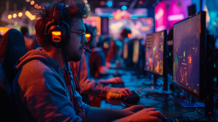 Fototapeta na wymiar E Sports in Match, pro gamer team with male, wearing headphones, playing esports game on computer, global online streaming 