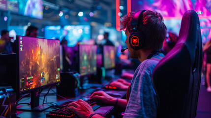 E Sports in Match,  pro gamer team with male, wearing headphones, playing esports game on computer, global online streaming 