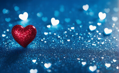 Obraz premium A small red heart on a sparkling soft blue background. Generative AI