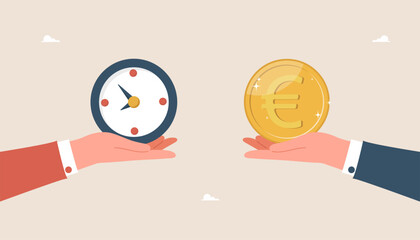 Time is money, earning investment income, pension fund concept, relationship between workload and income, successful time management to achieve reward, large hands holding clock and euro coin. - obrazy, fototapety, plakaty