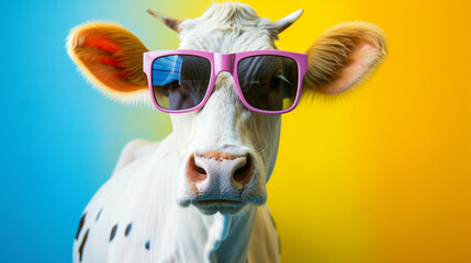 Funny cow with sunglasses in studio with a colorful and bright background. Curious Cow AI Generative