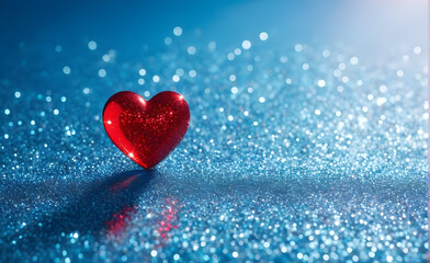 Fototapeta premium A small red heart on a sparkling soft blue background. Generative AI