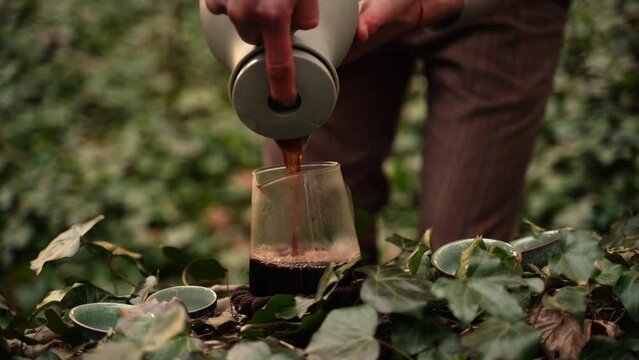 A relaxing ritual of making tea in the forest. Tea lovers brew it in the forest

