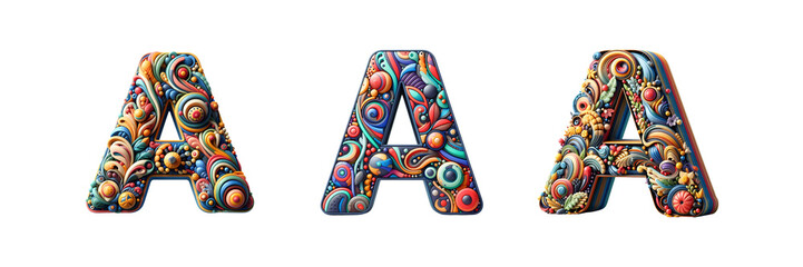 Set of a 3D colorful Letter A, isolated over on transparent white background
