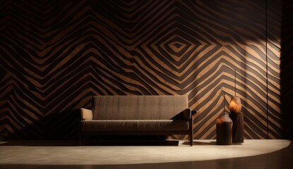 Sunlit wooden walls evoke a sense of nature and serene design, with abstract shadows and intricate textures