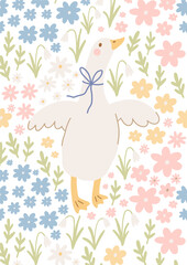 Spring cartoon pattern with cute goose. Happy Easter print in flat style and pastel colors