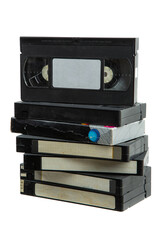 Pile of VHS video cassettes. Vintage media. Isolate on a white back.