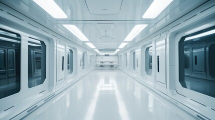 glowing neon white laser beams in modern passage