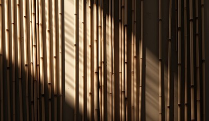 Sunlit wooden walls evoke a sense of nature and serene design, with abstract shadows and intricate textures