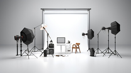 Concept studio. Photo studio equipment located next to the camera on a white background.