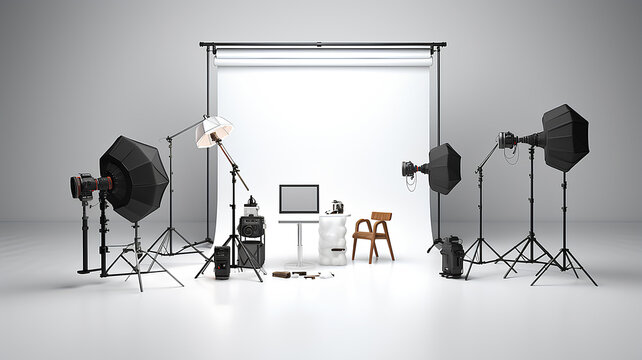Concept studio. Photo studio equipment located next to the camera on a white background.