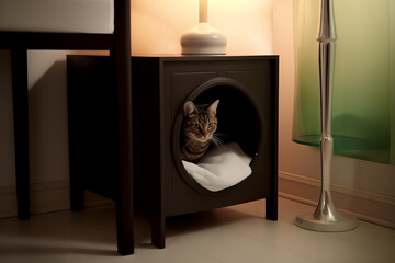 A tabby cat hiding inside a wooden cat house integrated into a nightstand. Pet chilling in a cat bed inside a cabinet. Home furniture designed for pet owners. AI-generated