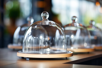 Several clear glass cloche domes with handles, placed on a table in a restaurant. Empty protective showcases for food mock-up with copy space. AI-generated