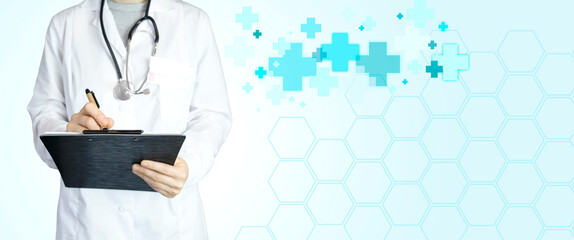 Female doctor therapist in white coat holding tablet in hands and taking notes. Medicine and healthcare, health concept, copy space, blue medical background with blue crosses, polygons