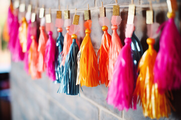 Festive, colorful tassel garland as an interior decor element. Holiday background decorated with paper tassels. Selective focus. AI-generated