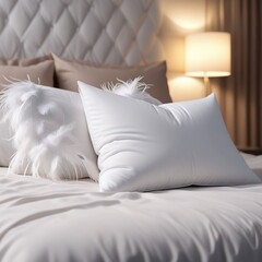 Beautiful white feather pillow on bed in bedroom. 3d rendering