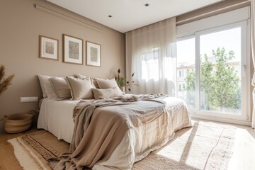 Modern minimalist bedroom interior in luxurious apartment. Natural beige tones of walls, posters, indoor plants, large windows. Concept of aesthetic simple contemporary interior design.
