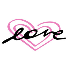 Love word hand drawn lettering with heart. Calligraphy script love text. Design for print on shirt, poster, banner, sticker