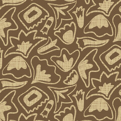 Beige and brown ethnic floral pattern with burlap texture on brown background. Stylized minimalist botanical print.