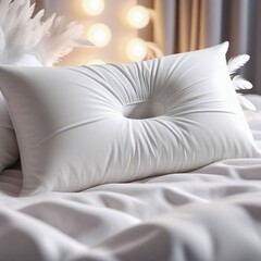 Beautiful white feather pillow on bed in bedroom. 3d rendering