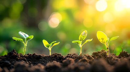 Sprouts growing in fertile soil in the morning light. Generative AI
