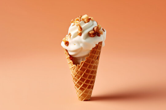 A delicious vanilla ice cream cone on a decent background. (Generative AI)