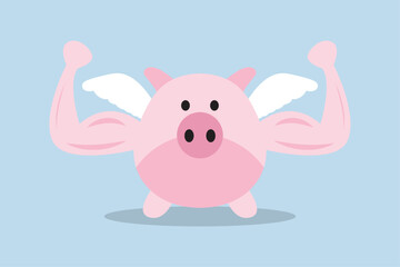 Strong financial health, pink piggy bank with muscle arms and flying wings prepared to battle for trade benefit.