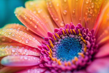 Colorful gerbera daisy covered with water drops. Gerbera flower close up on turquoise background. Macro photography. Natural romantic conceptual floral Macro background.