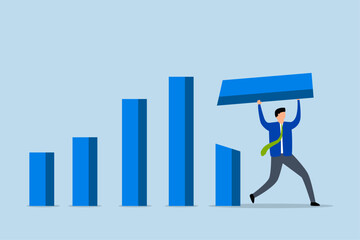 Revenue forecast cut, business financial advisor cutting and holding a piece of a bar chart.
