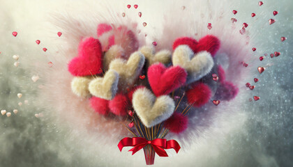 A bouquet of red and cream hearts, red ribbons and tiny beads