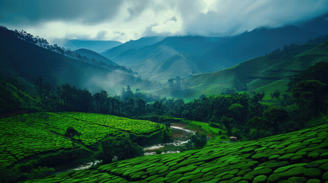 Nilgiri Hills Serenity: Picturesque Tea Gardens Landscape