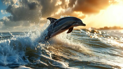 Scene of a dolphin jumps out of the water. Created with Generative Ai technology.
