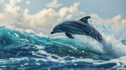 Fototapeta premium Scene of a dolphin jumps out of the water. Created with Generative Ai technology.