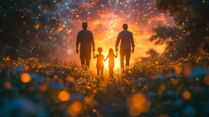 Foto op Canvas Constellation familiale, Exploration cosmique en famille : Quatre membres, deux adultes et deux enfants, émerveillés devant un ciel étoilé éblouissant, offrant une toile cosmique vaste et chaleureuse © jp