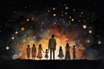Constellation familiale, Exploration cosmique en famille : Quatre membres, deux adultes et deux enfants, émerveillés devant un ciel étoilé éblouissant, offrant une toile cosmique vaste et chaleureuse