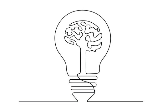 Human brain in the electric light bulb continuous one line art vector illustration. Free vector
