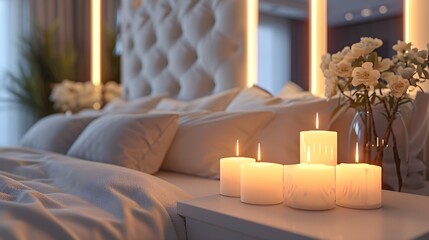 Soft candlelight reflected in a mirrored wall, adding an elegant and romantic touch to your sophisticated bedroom decor. 