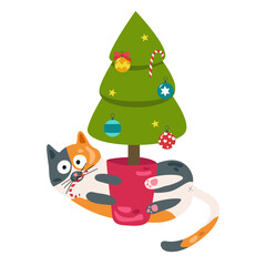 Cat and Christmas tree. Vector illustration in flat style