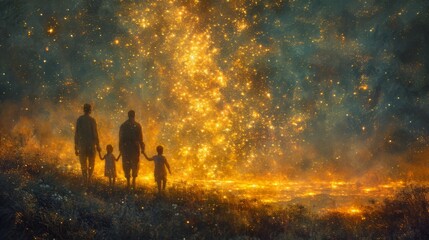 Constellation familiale, Exploration cosmique en famille : Quatre membres, deux adultes et deux enfants, émerveillés devant un ciel étoilé éblouissant, offrant une toile cosmique vaste et chaleureuse - obrazy, fototapety, plakaty